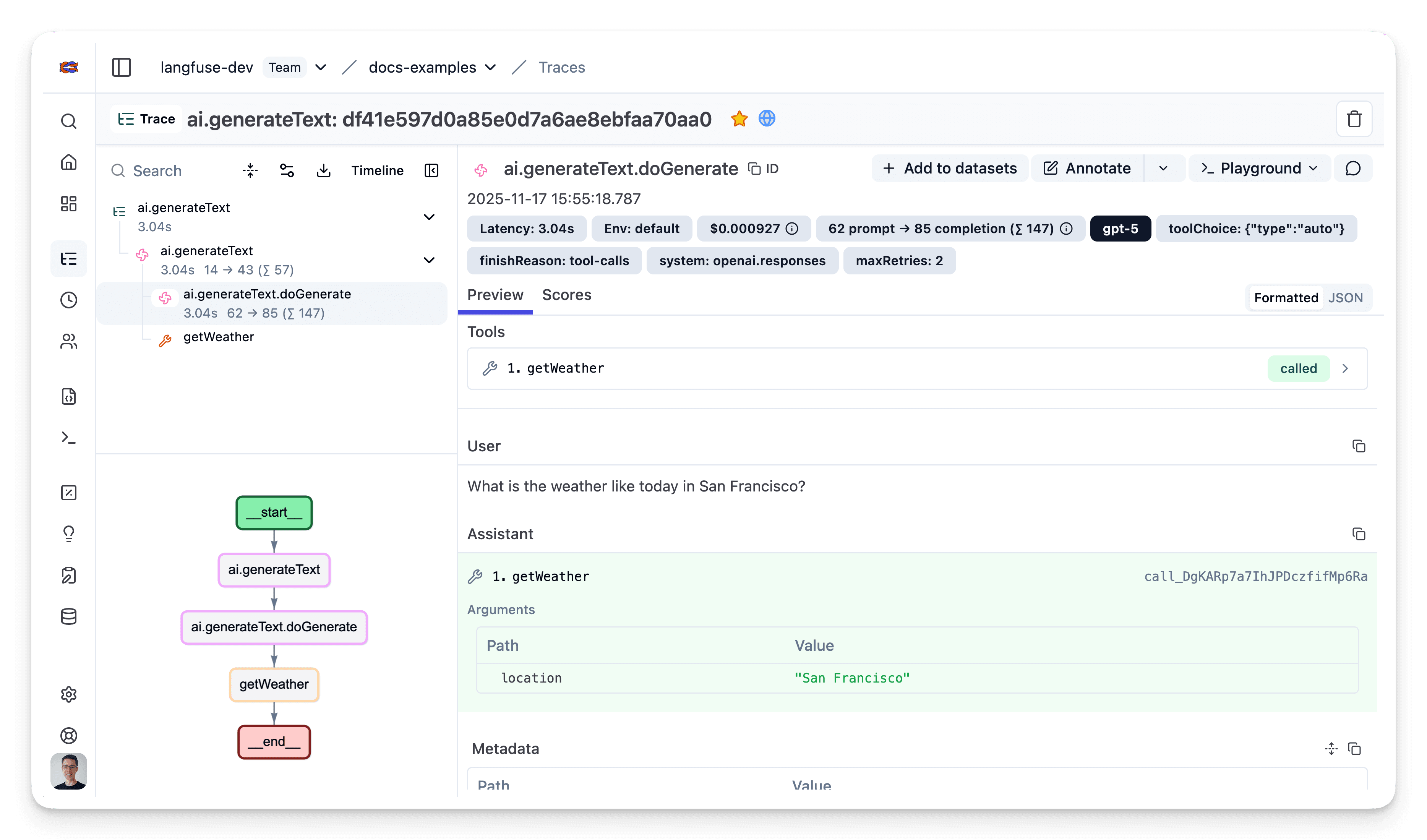 Vercel AI SDK trace visualization in
Langfuse